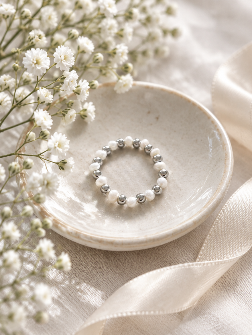 Silver mini bead ring with pearl accents in a small dish with styling props
