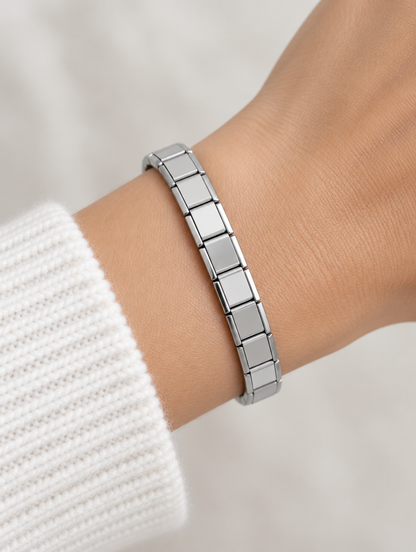 Woman wearing a silver stainless steel link bracelet