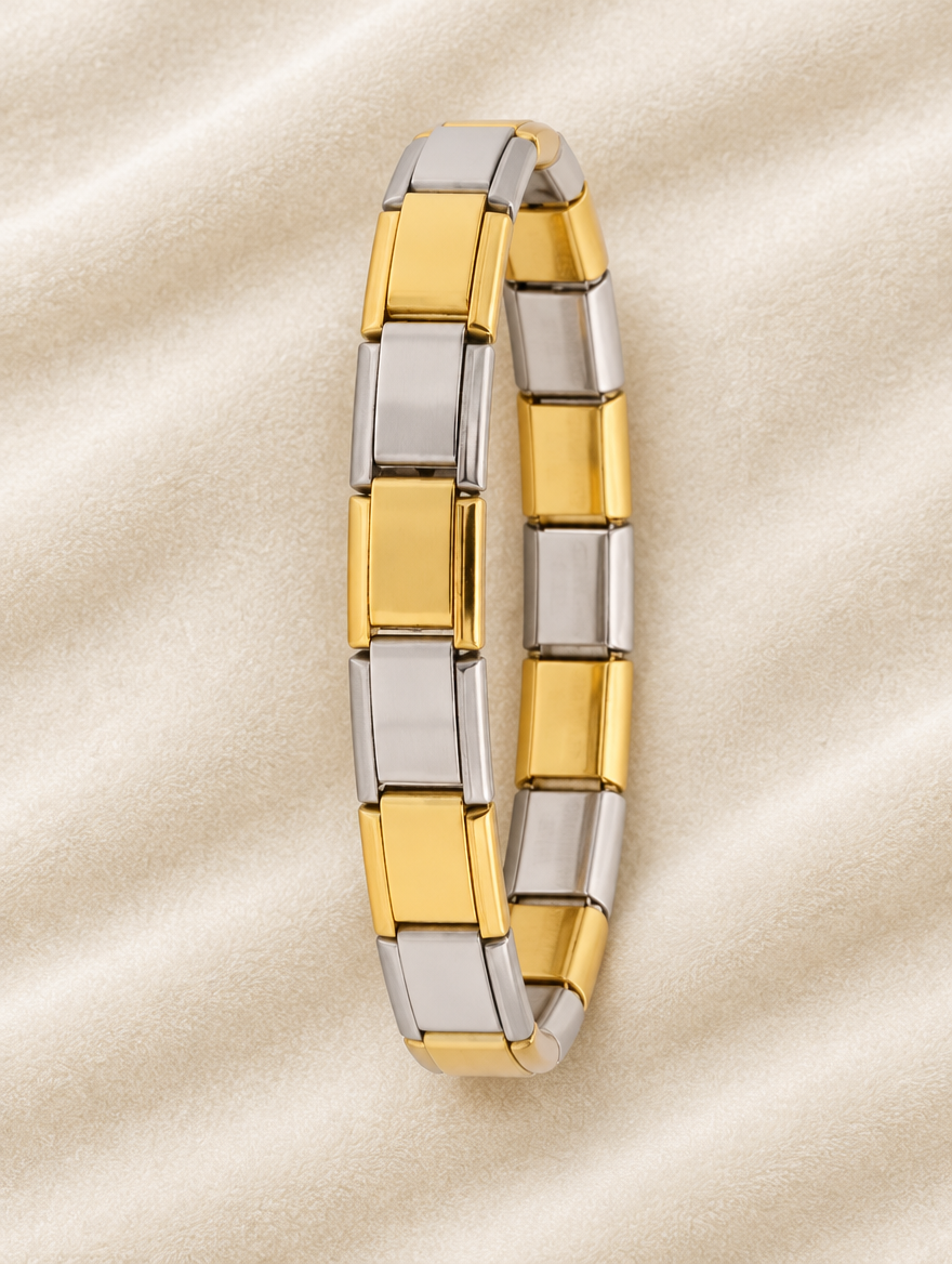Two-tone link stretch bracelet on cream velvet