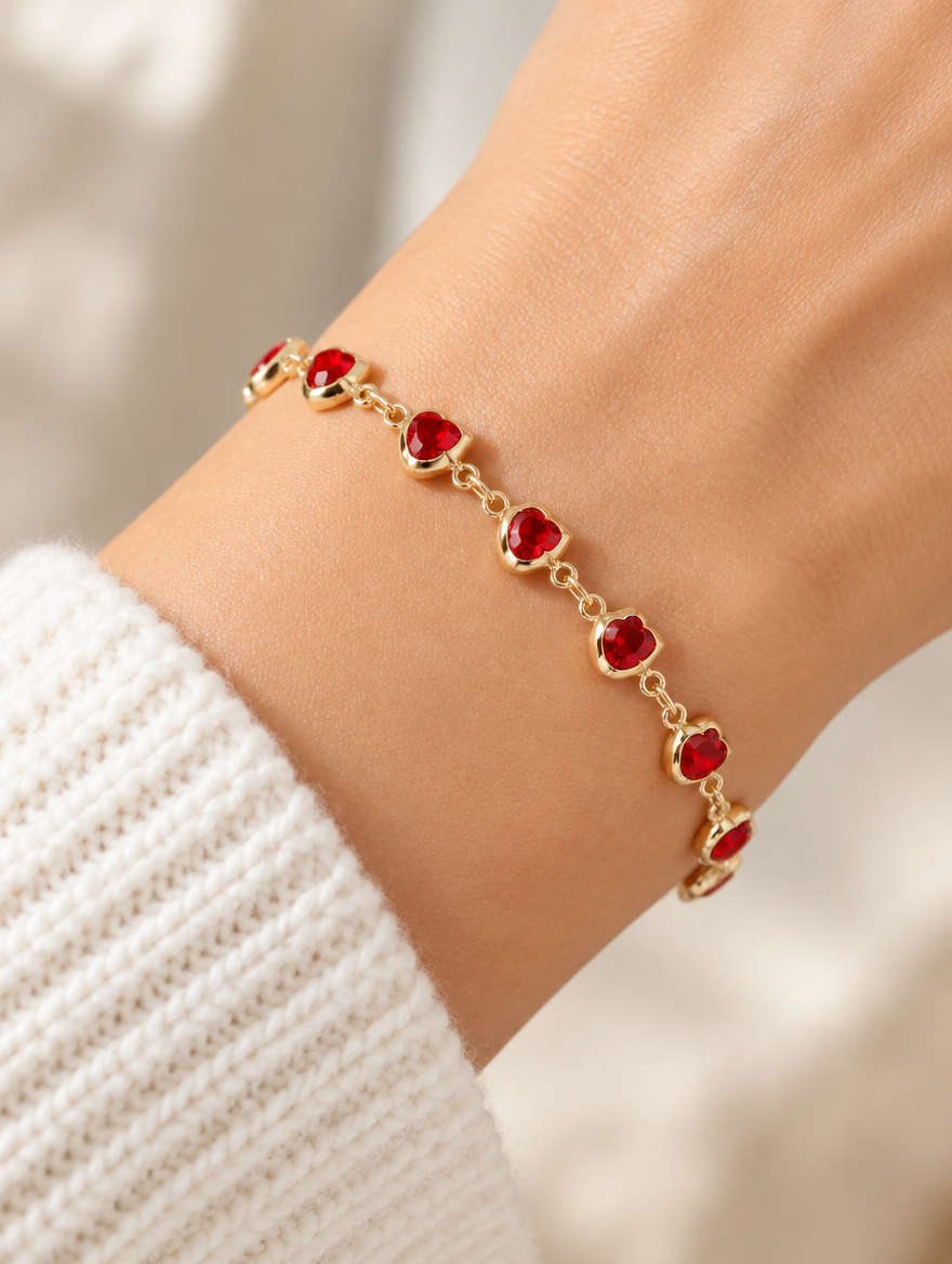Woman wearing a gold chain bracelet with red crystal hearts