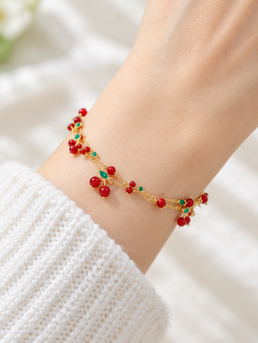 Woman wearing a gold layered chain bracelet with red cherries