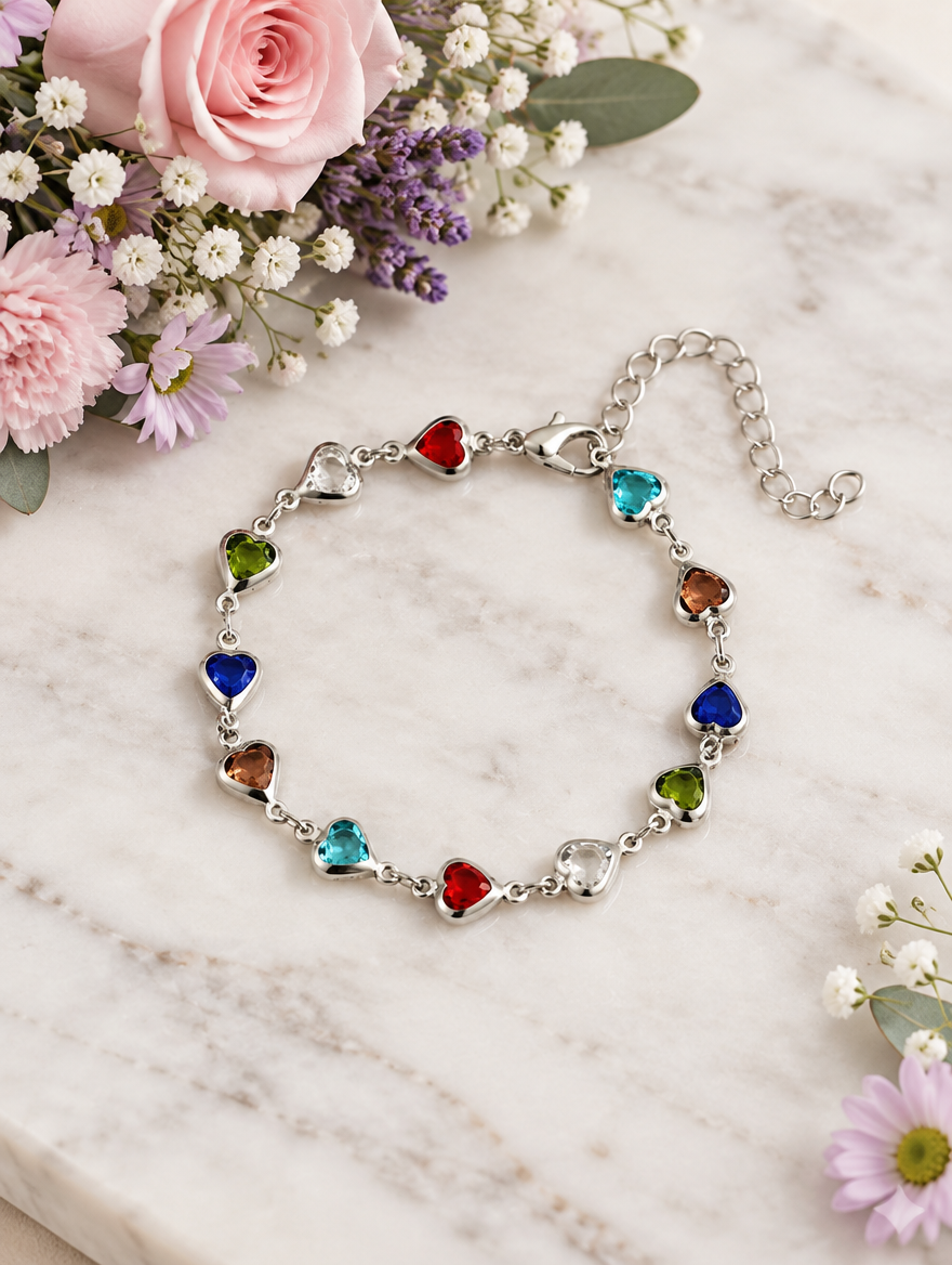Silver multicolour heart bracelet beside pastel flowers on marble