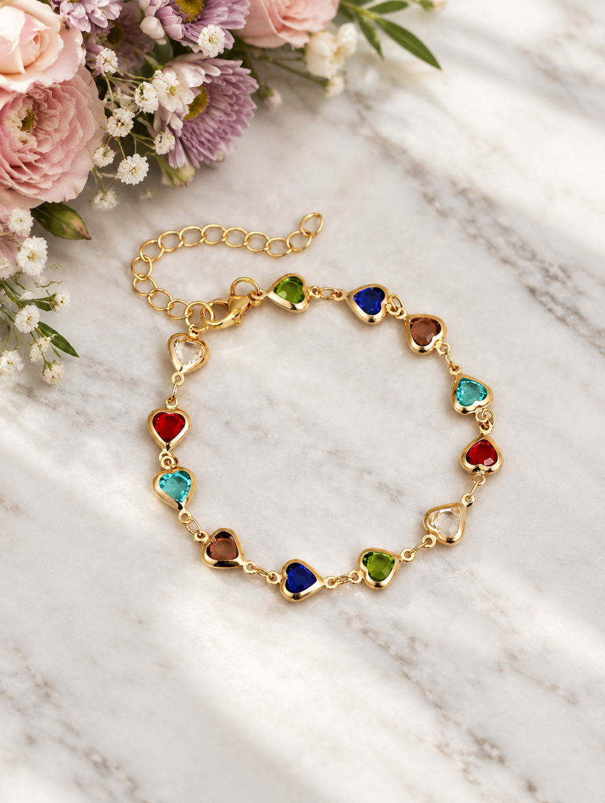 Gold multicolour heart bracelet beside pastel flowers on marble