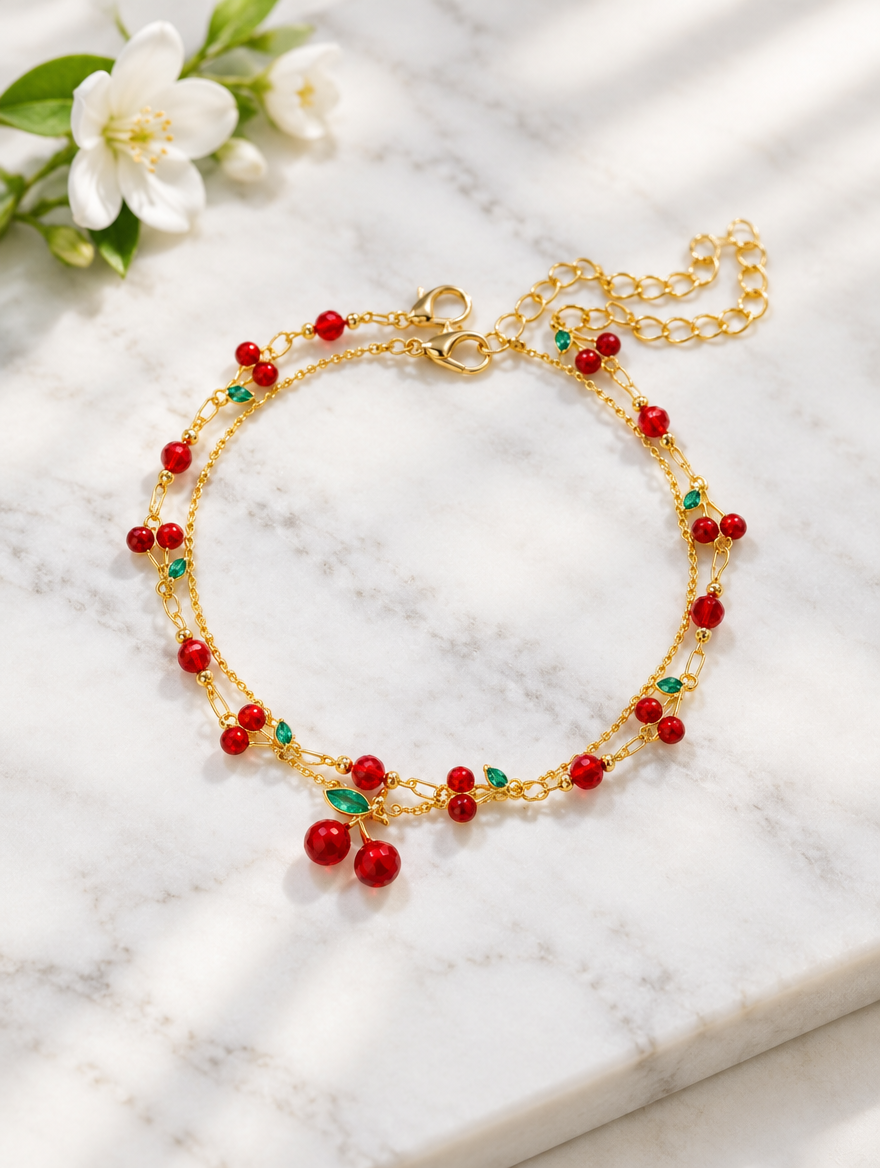 Gold cherry bracelet beside a white flower on marble