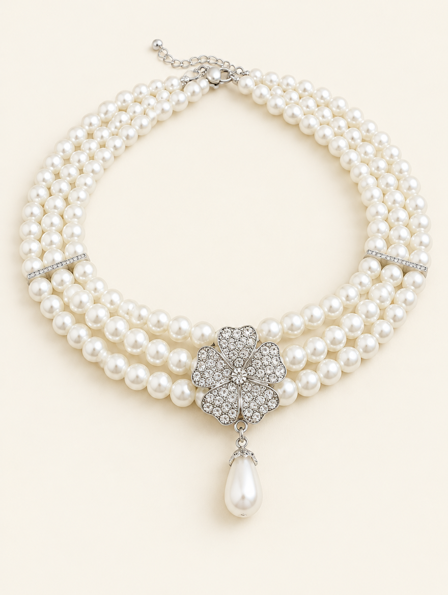 Three-strand pearl necklace with a rhinestone flower and teardrop pearl on a neutral background