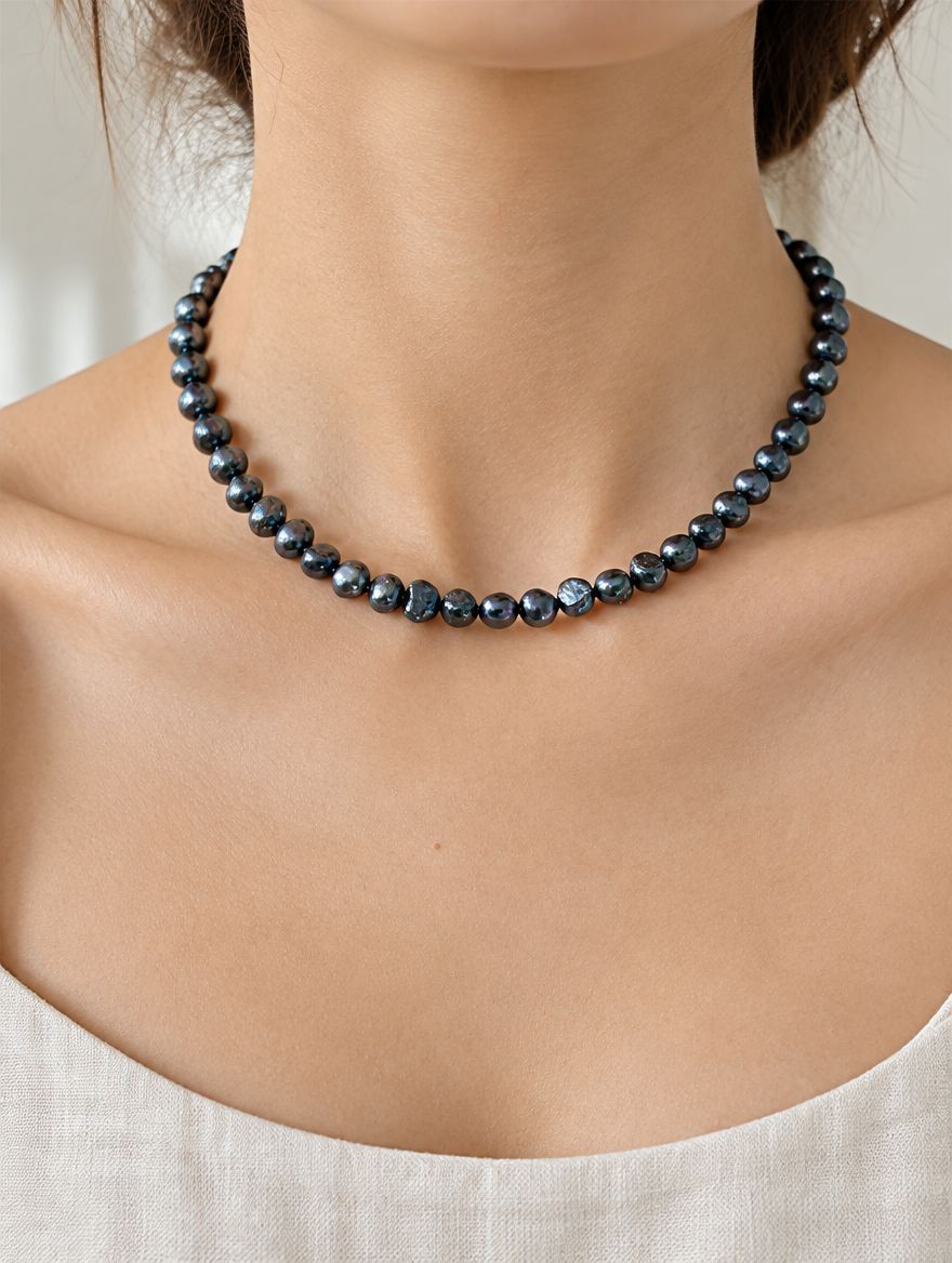 Woman wearing a black baroque freshwater pearl choker necklace