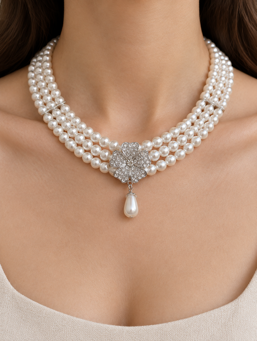 Woman wearing a layered pearl necklace with a rhinestone flower and pearl drop