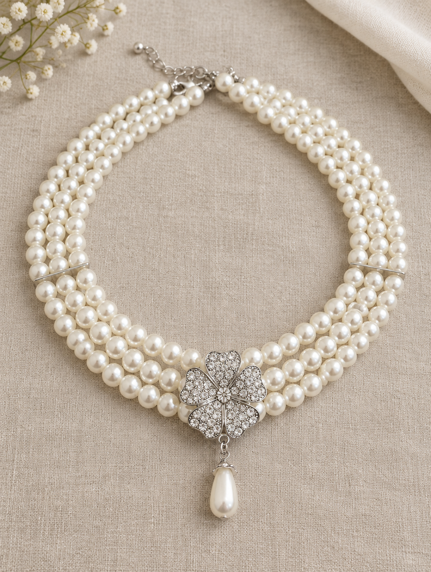 Layered pearl necklace with floral rhinestone centre lying on linen