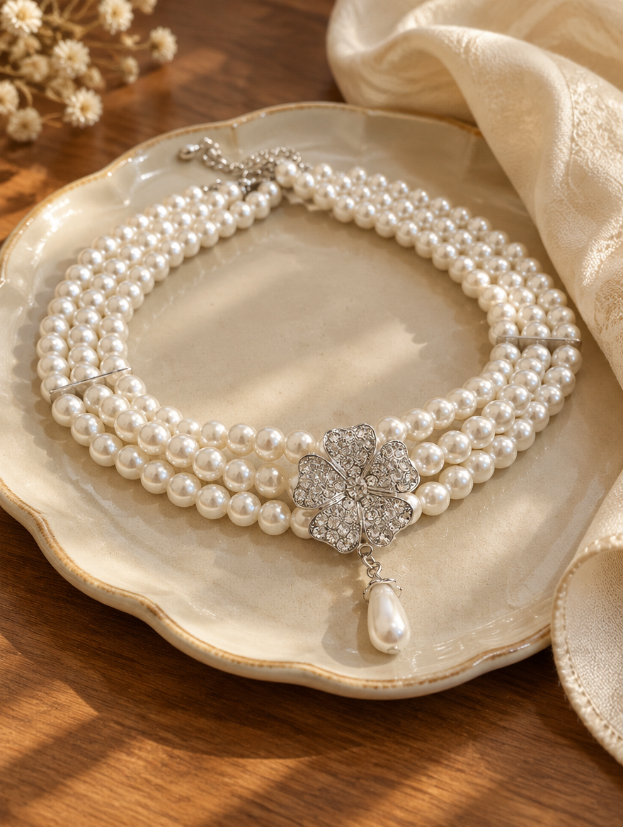 Floral pearl necklace on a ceramic dish beside a folded cream scarf