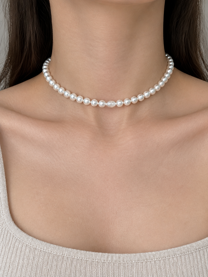 Woman wearing a classic white pearl bead choker necklace