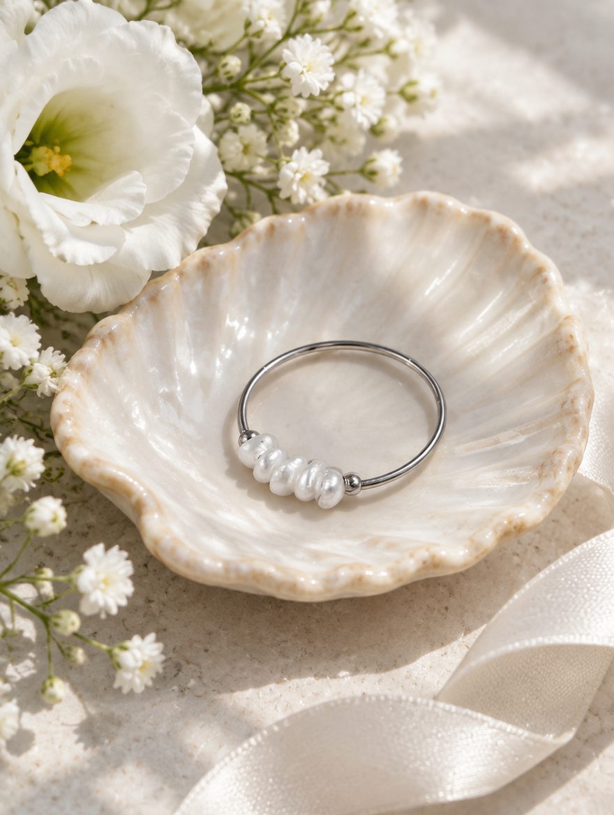 Silver four pearl band ring in a small dish with styling props