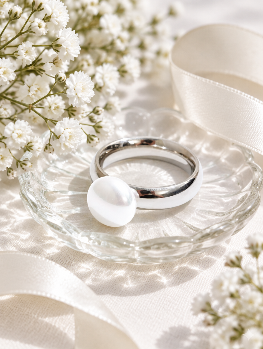 Silver pearl-effect bead ring in a small dish with styling props