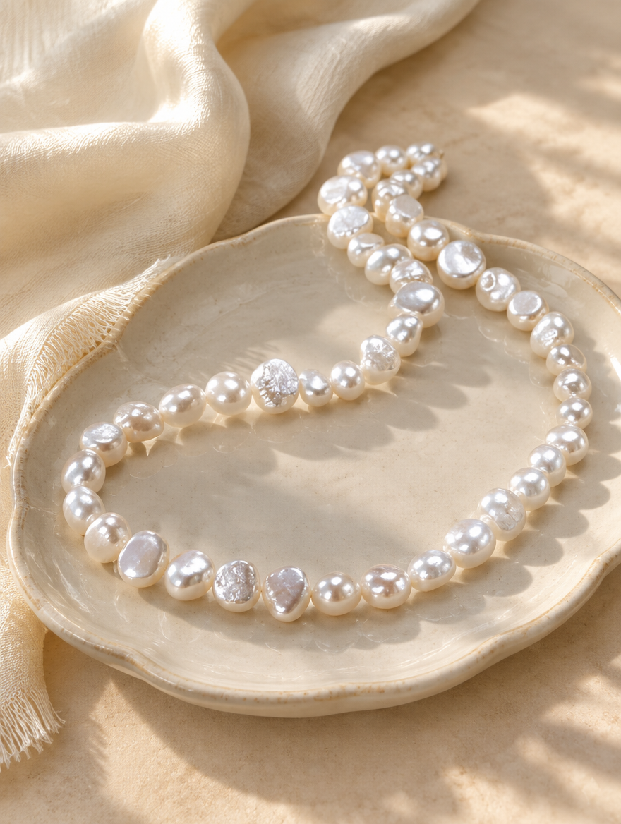 White pearl choker on a small ceramic dish beside a folded cream scarf