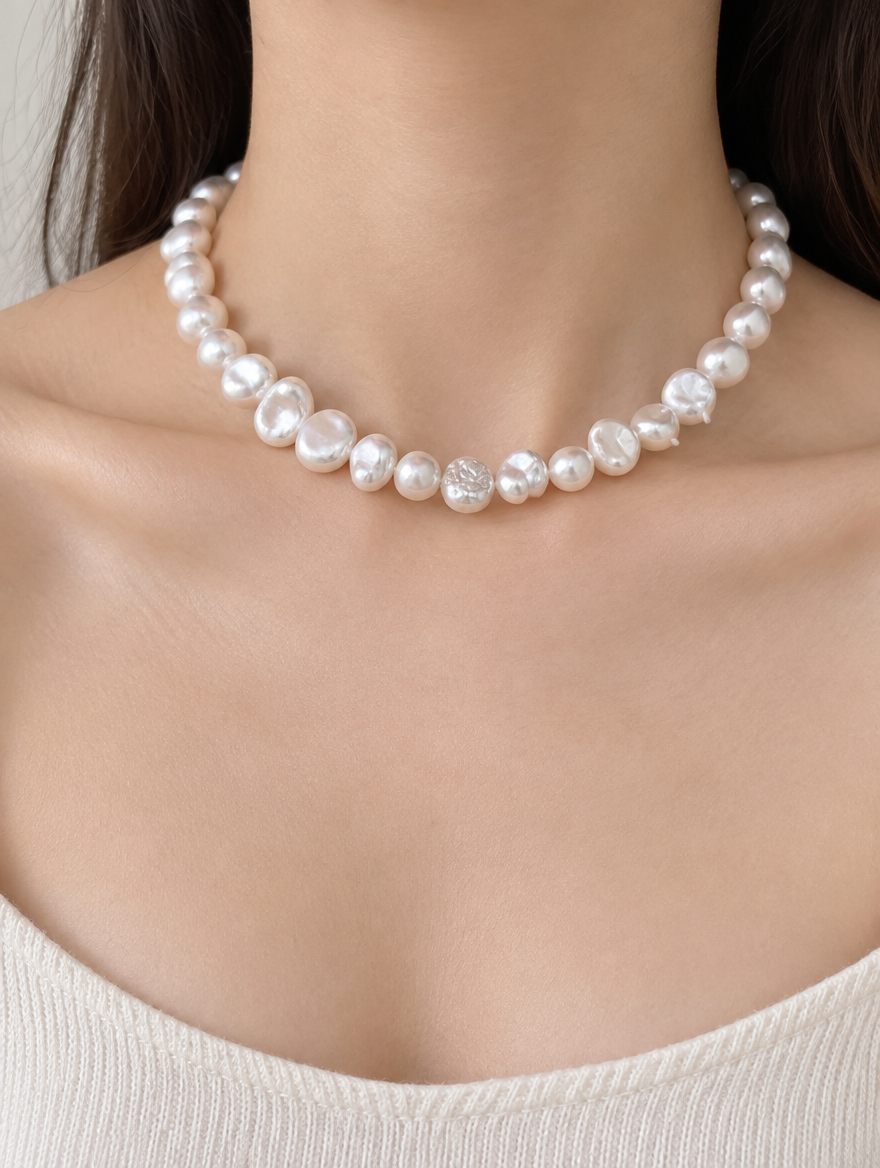 Woman wearing a white baroque freshwater pearl choker necklace