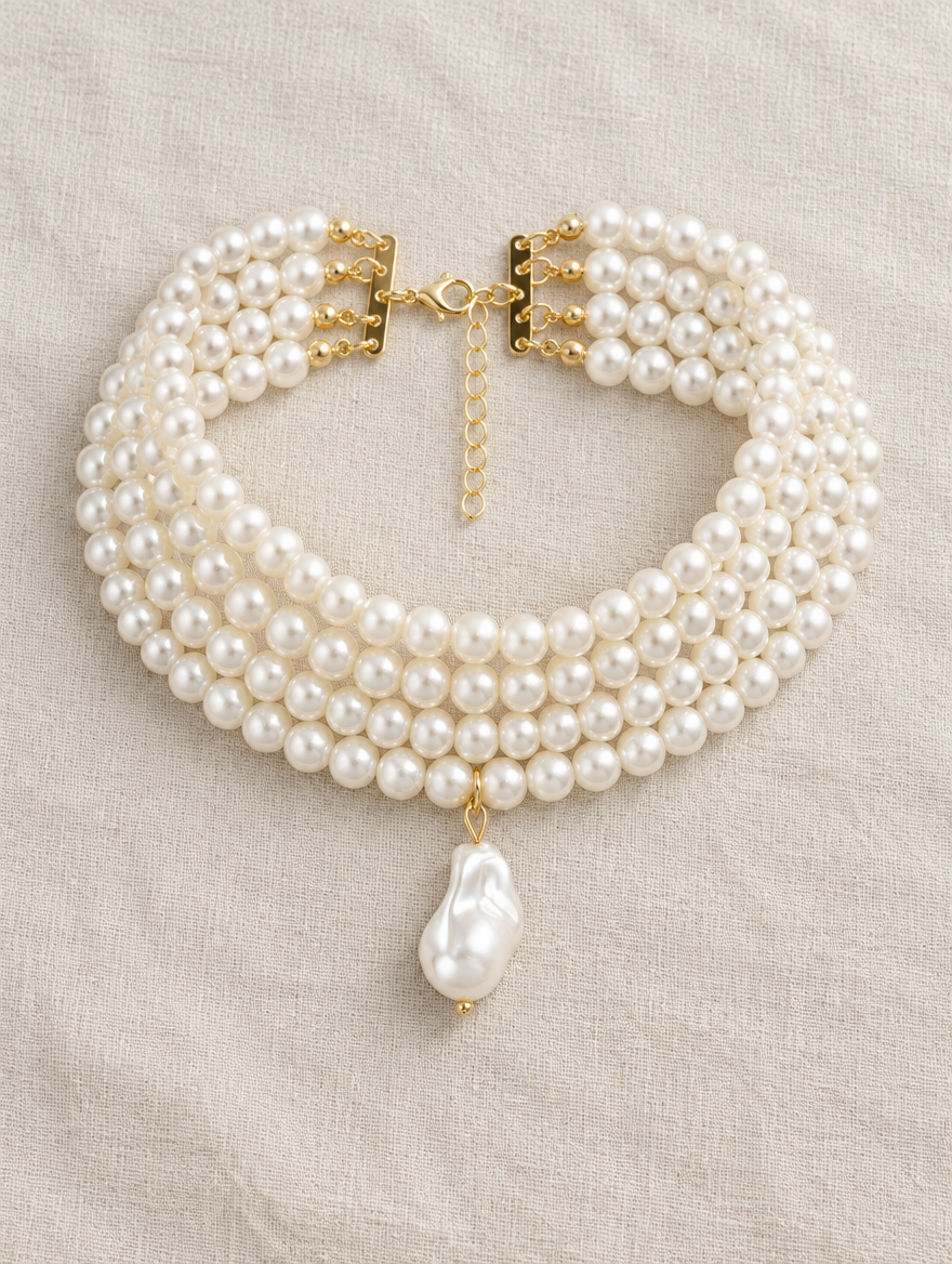 Layered gold and pearl collar choker lying on soft linen