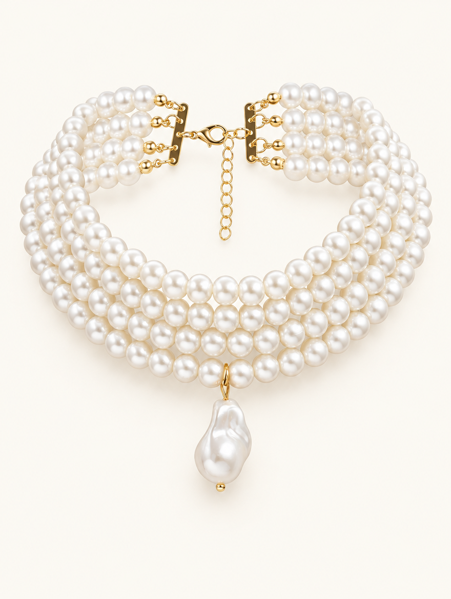 Gold-tone layered pearl collar choker with a baroque pearl drop on a neutral background