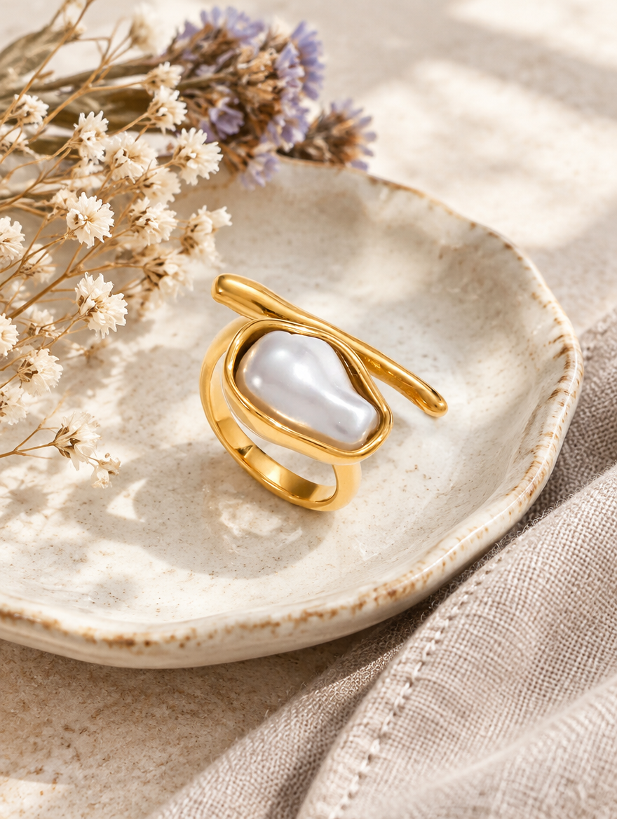 Gold baroque pearl wrap ring in a small dish with styling props