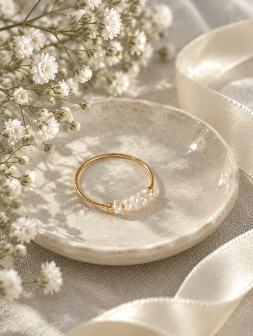 Gold four pearl band ring in a small dish with styling props