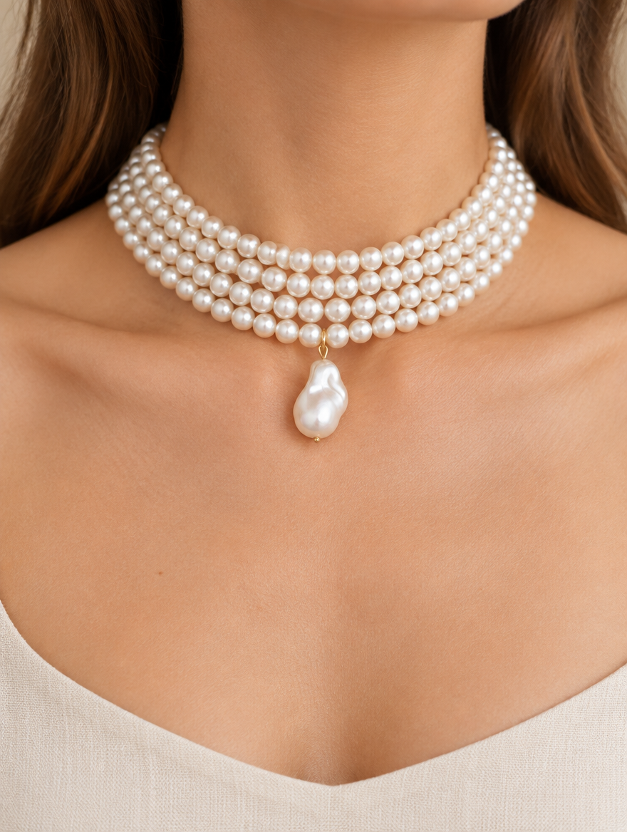 Woman wearing a layered pearl collar choker with a pearl drop