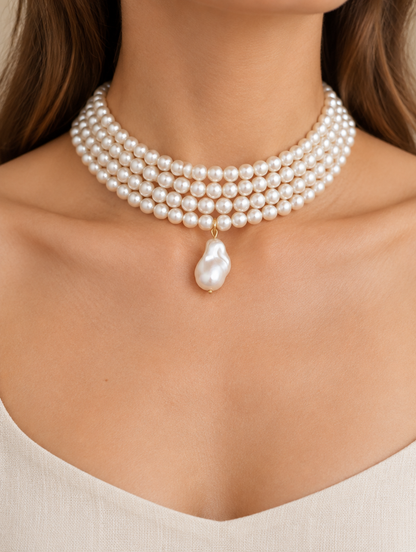 Woman wearing a layered pearl collar choker with a pearl drop