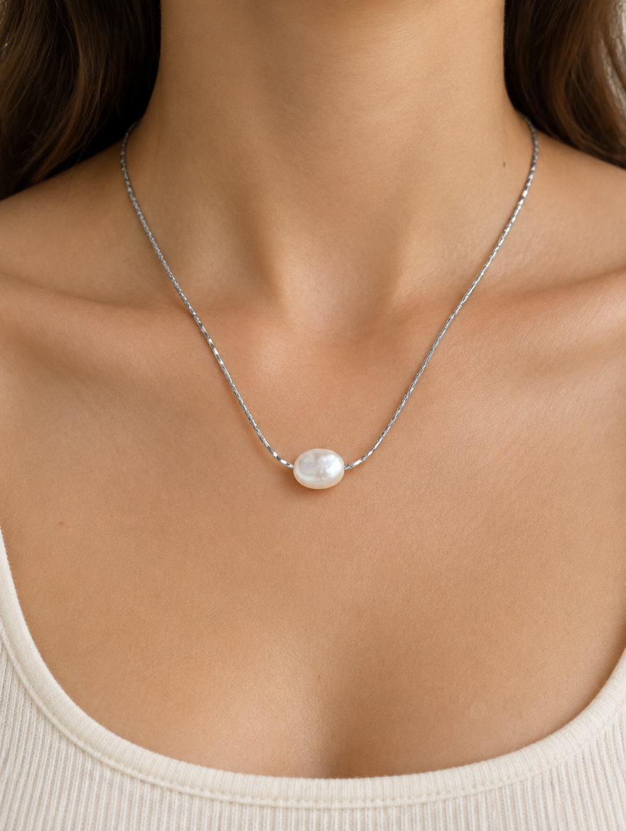 Woman wearing a fine silver-tone necklace with a single freshwater pearl