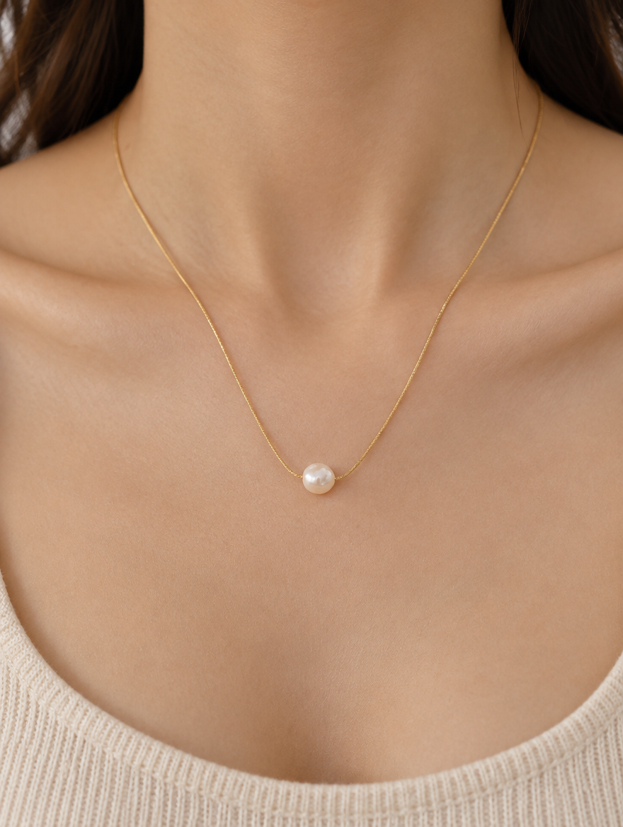 Woman wearing a gold-tone choker with a small freshwater pearl charm