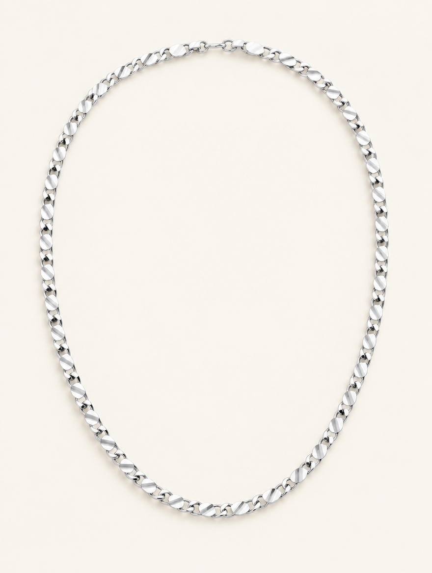 Silver-tone 2 mm flat link side chain necklace on a neutral background