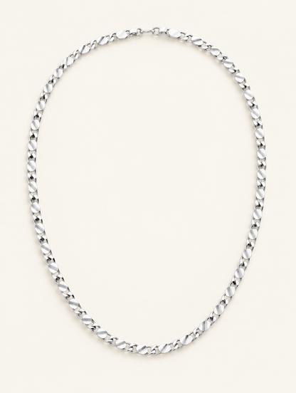 Silver-tone 2 mm flat link side chain necklace on a neutral background