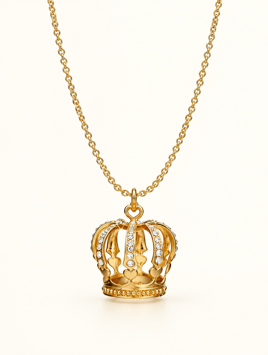 Gold crown pendant necklace with crystals on a neutral background