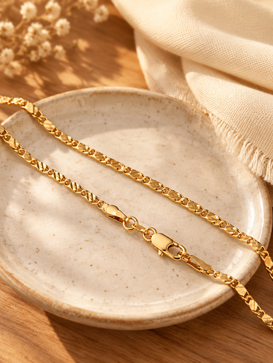 Gold side chain necklace on a ceramic dish beside a folded cream scarf