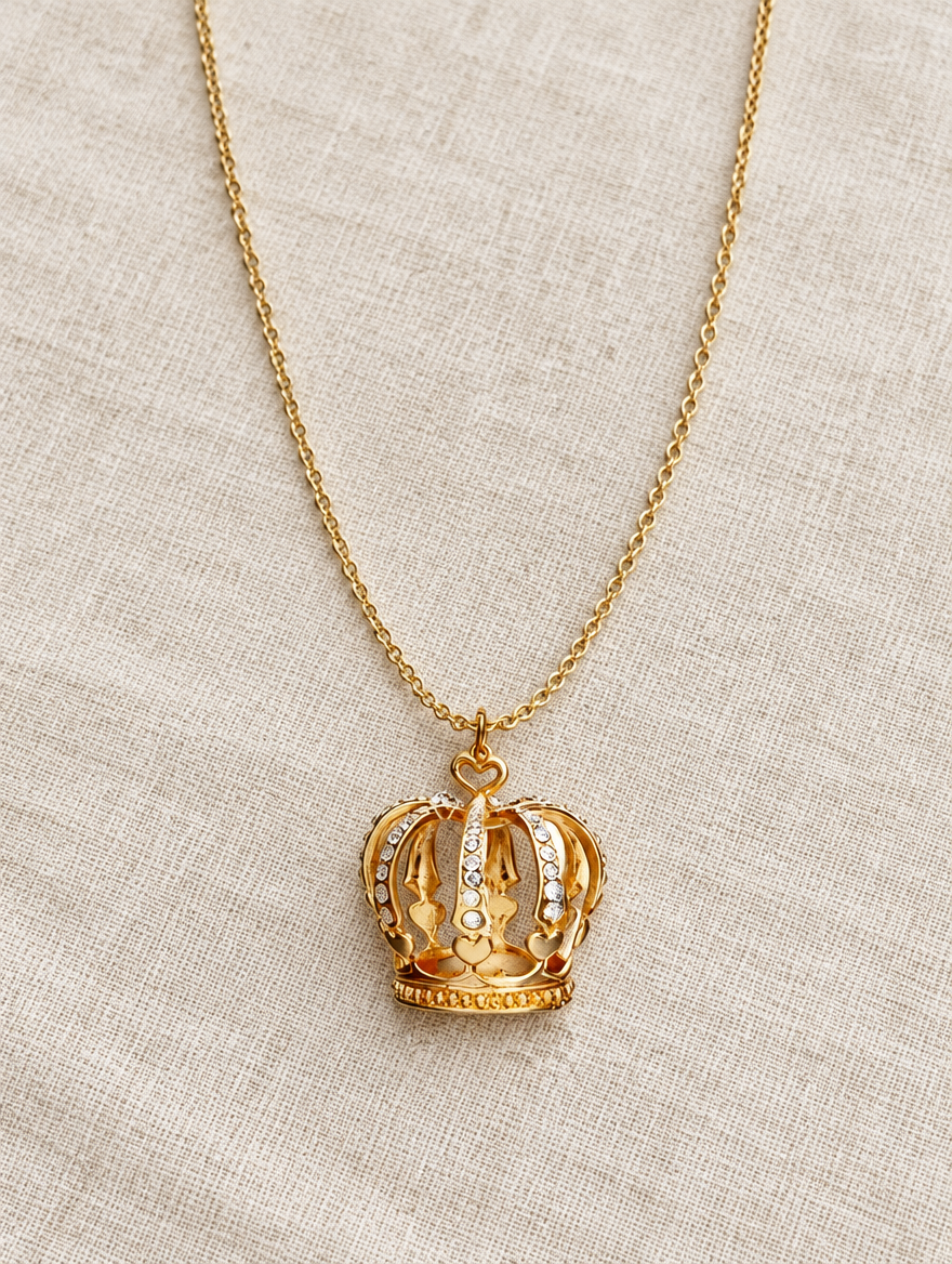 Gold crown necklace lying on linen