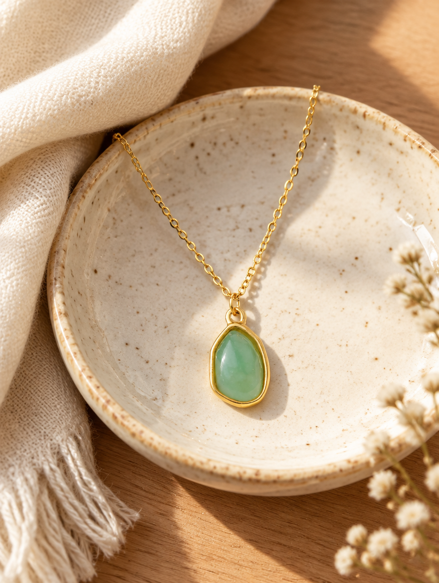 Green stone pendant necklace on a ceramic dish beside a folded cream scarf
