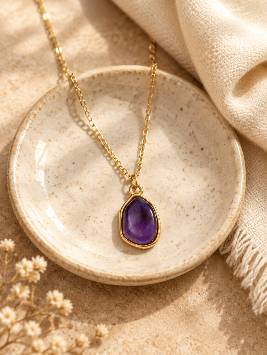 Purple stone pendant necklace on a ceramic dish beside a folded cream scarf