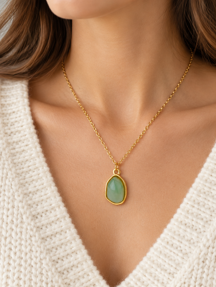 Woman wearing a gold-tone necklace with a green oval stone pendant