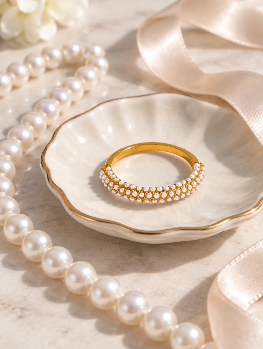 Gold pearl pavé band ring in a small dish with styling props