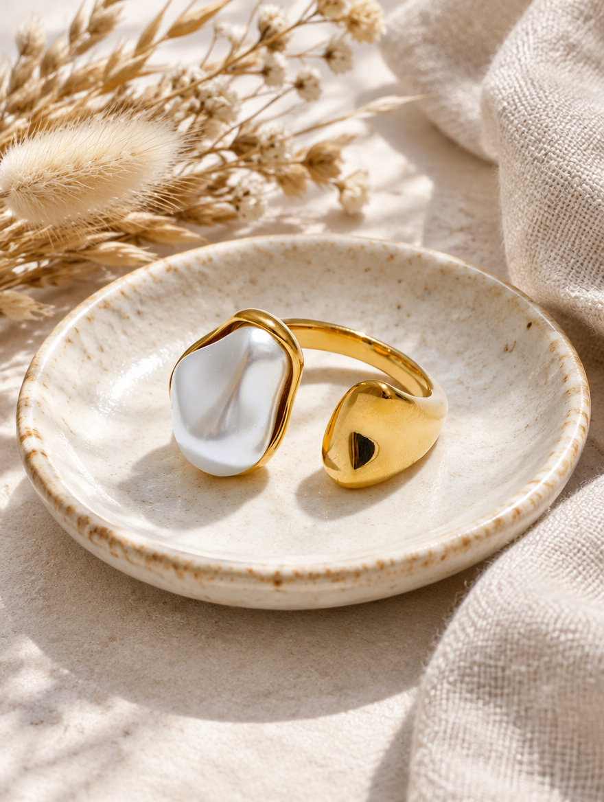 Gold baroque pearl teardrop ring in a small dish with styling props