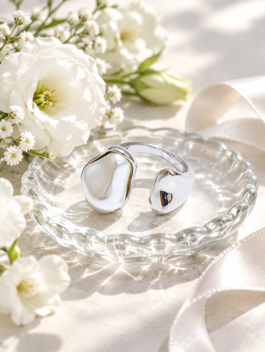 Silver baroque pearl teardrop ring in a small dish with styling props