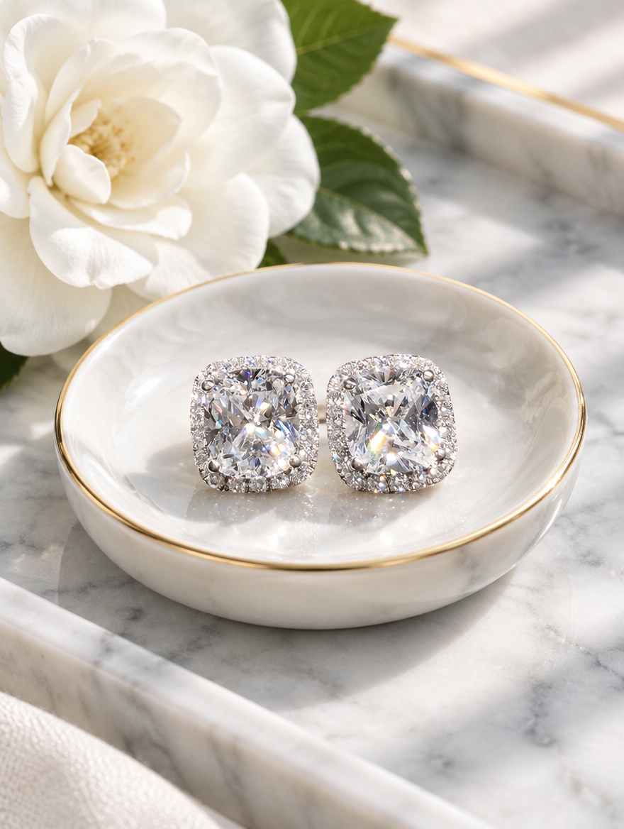 White halo cushion-cut cz stud earrings in a styled still life with props