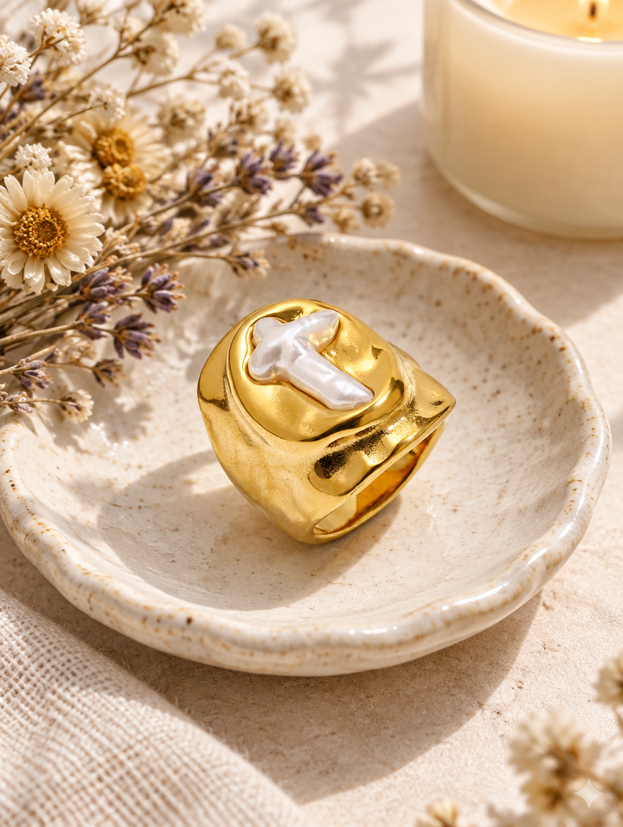Gold chunky pearl cross ring in a small dish with styling props