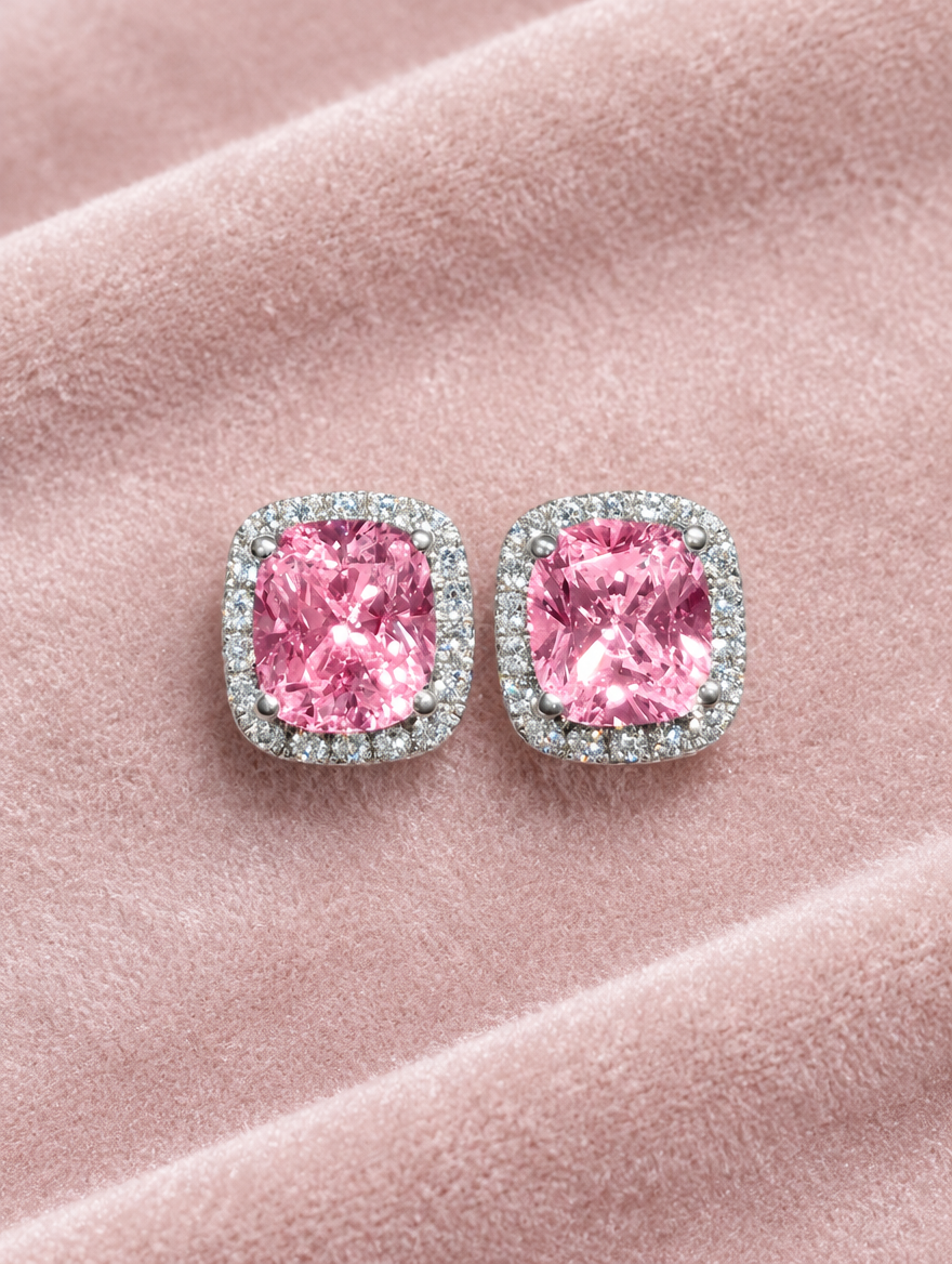 Pink halo cushion-cut cz stud earrings lying flat on a soft styled surface