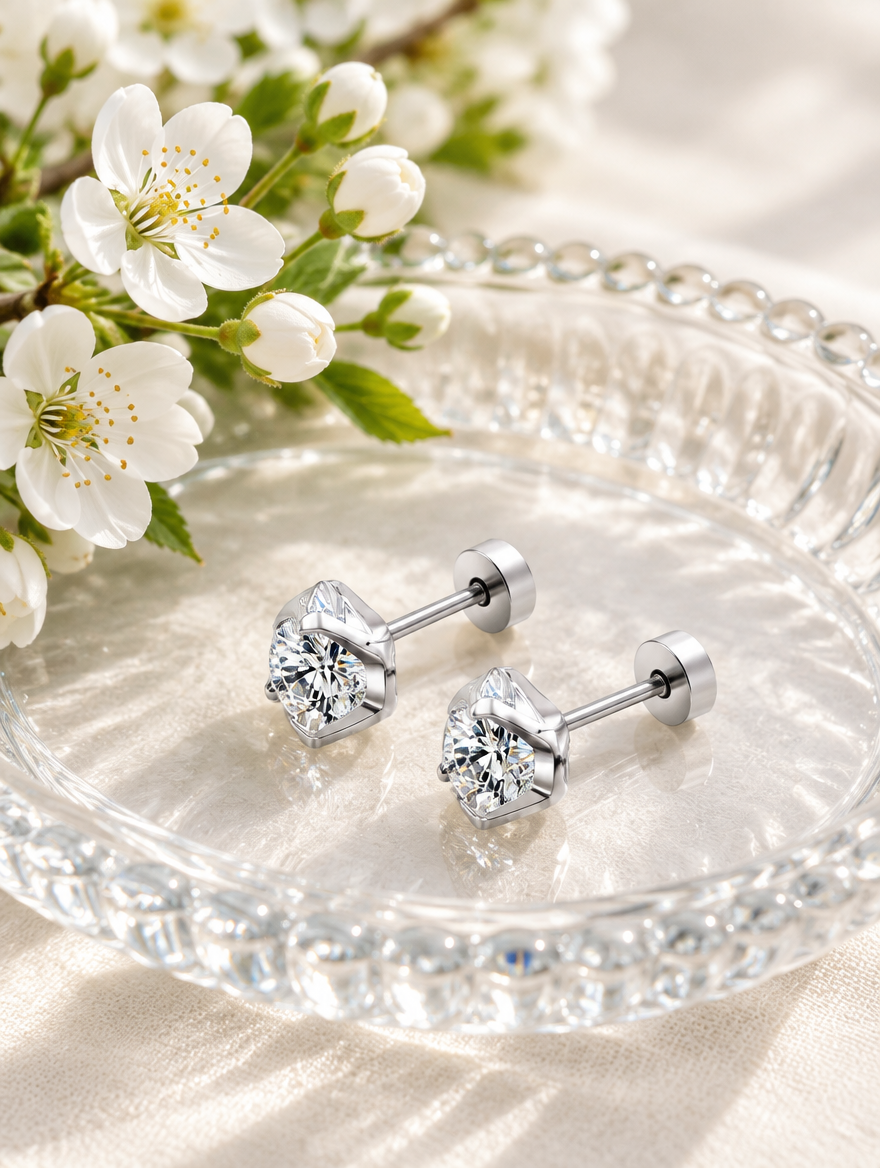Silver claw-set cz stud earrings in a styled still life with props
