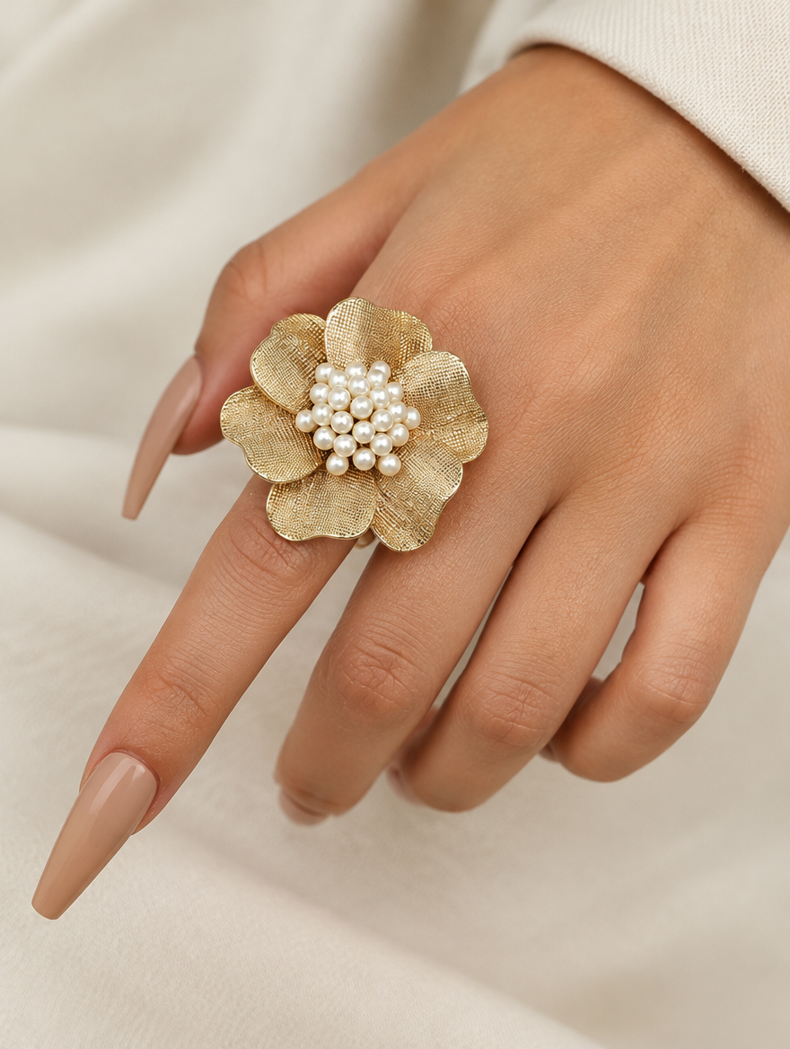 Woman wearing a gold textured flower ring with pearl centre on her finger