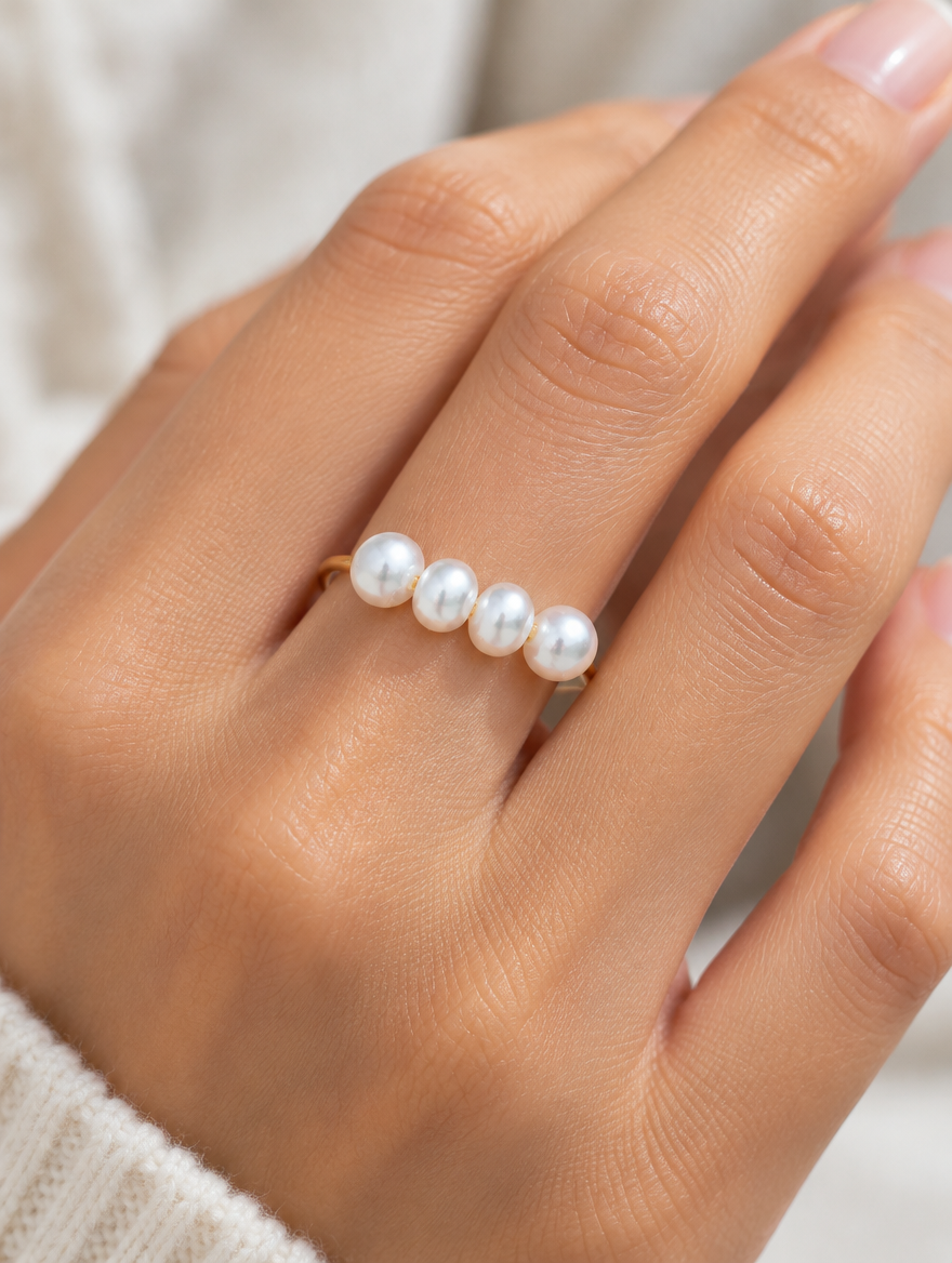 Woman wearing a gold thin band ring with four pearls on her finger