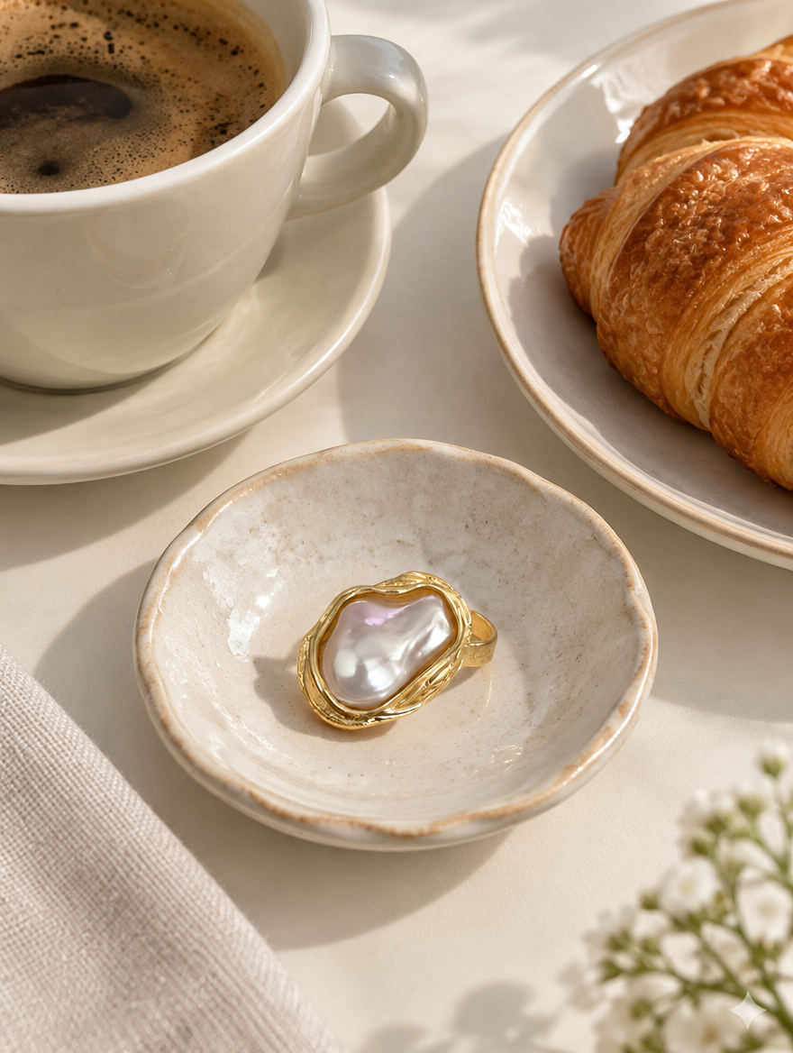 Gold textured baroque pearl ring in a small dish with styling props
