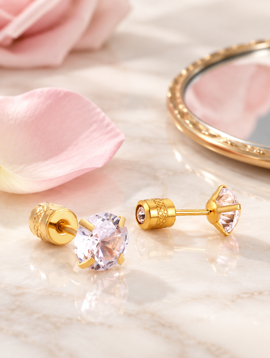 Gold twist-back stud earrings with pink stone in a styled still life with props