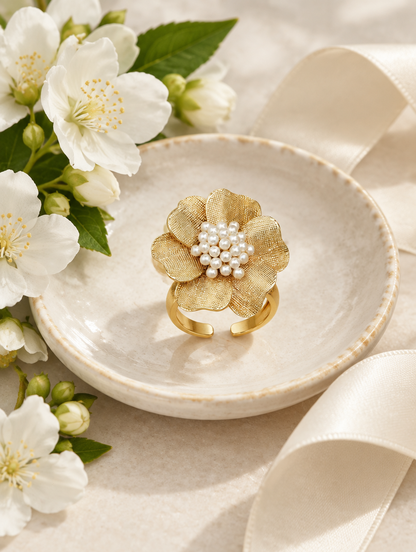 Gold textured flower ring with pearl centre in a small dish with styling props