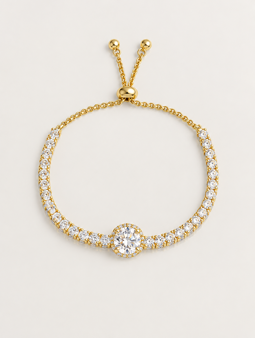 Gold round zircon tennis bracelet on a neutral background
