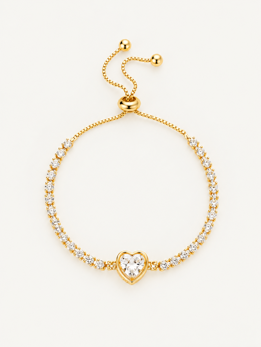 Gold heart zircon tennis bracelet on a neutral background