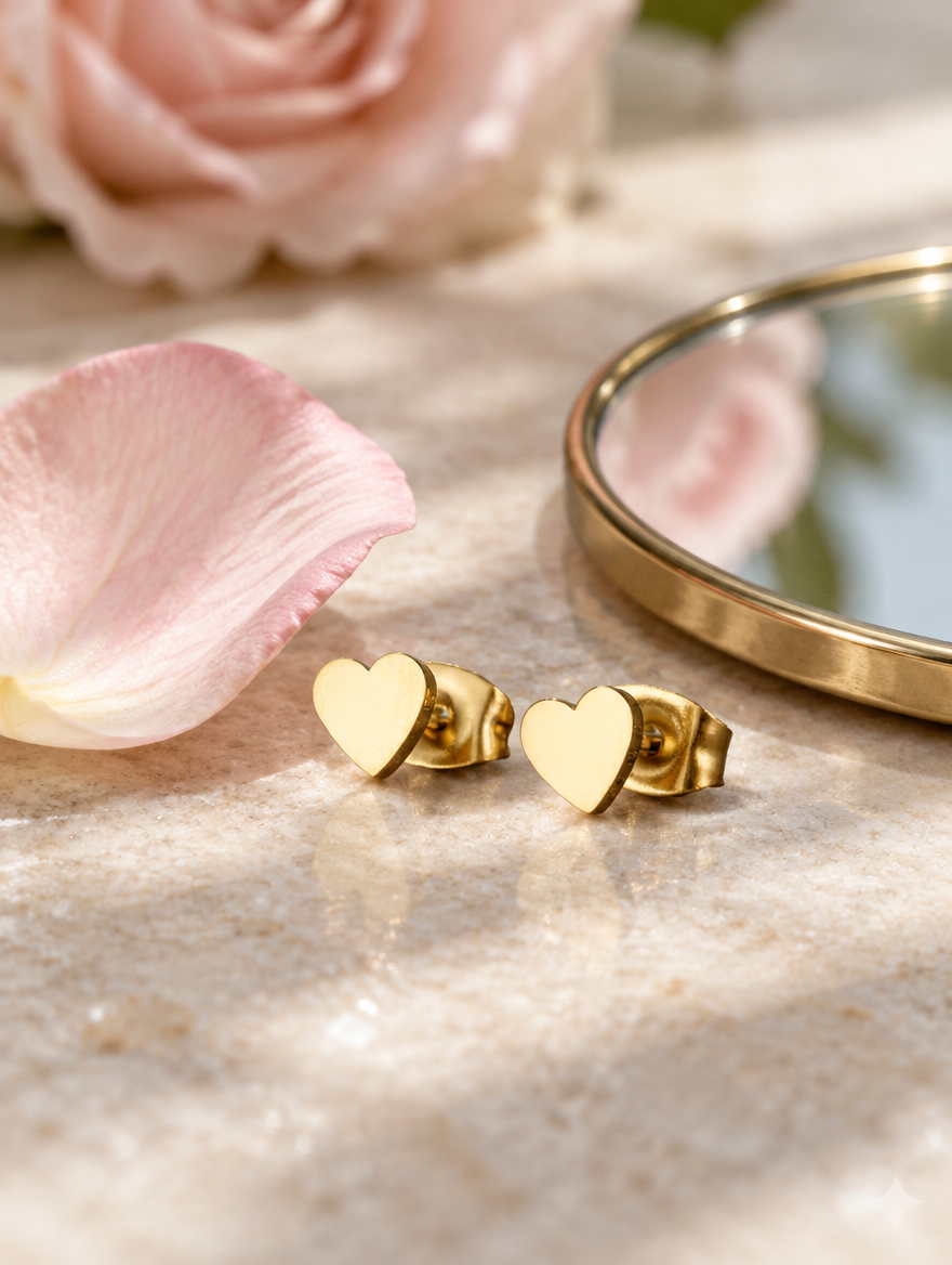 Gold heart stud earrings in a styled still life with props