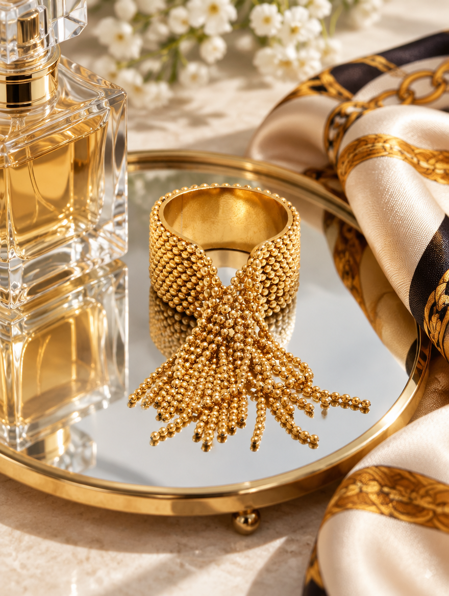 Gold ball chain tassel ring in a small dish with styling props
